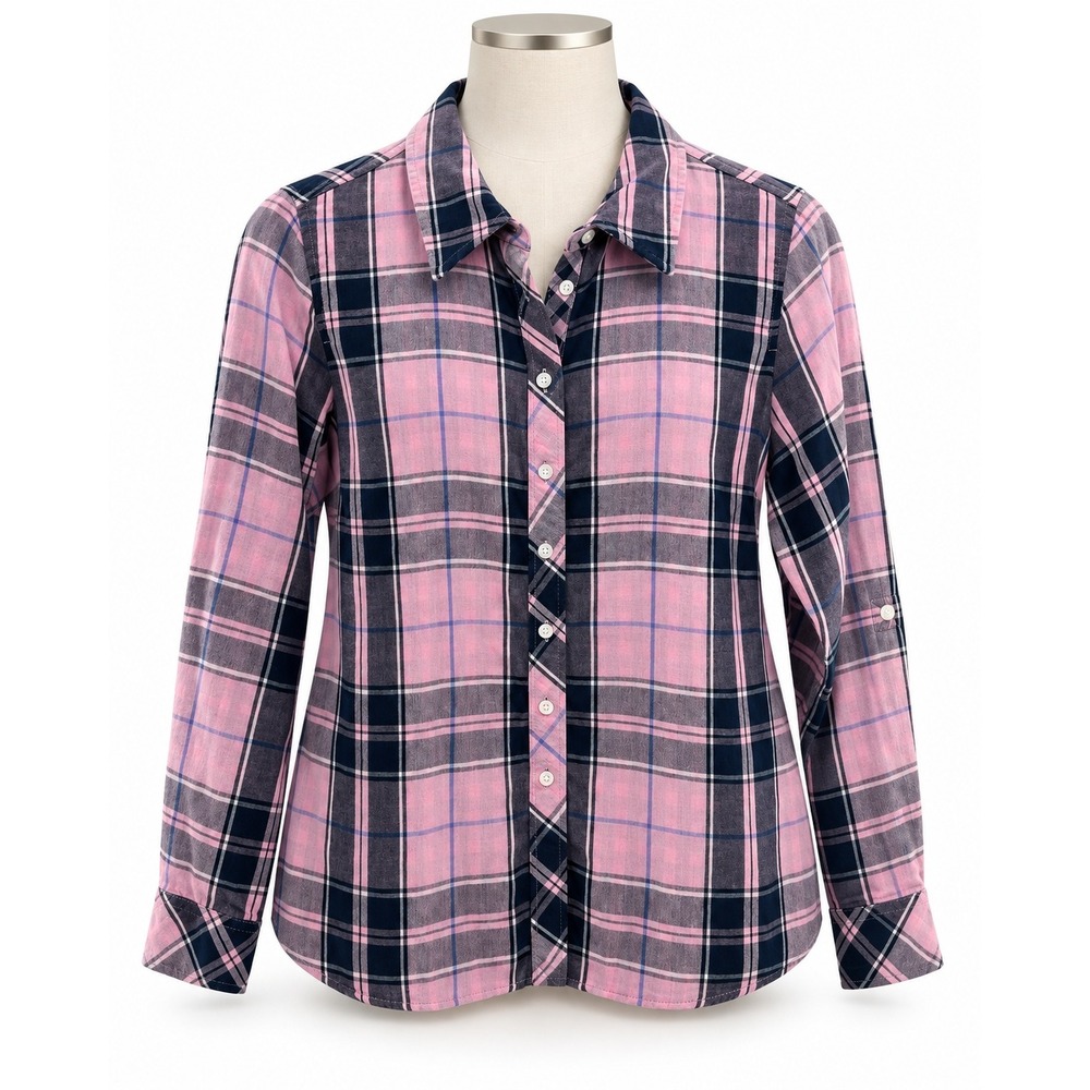 Talbots SP Shirt Button Down Pink Navy Plaid Cotton Petite Long Sleeve Casual